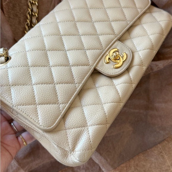 SOLD - CHANEL Beige Caviar Classic Double Flap Medium GHW Series 14 with card - Picture 4 of 17